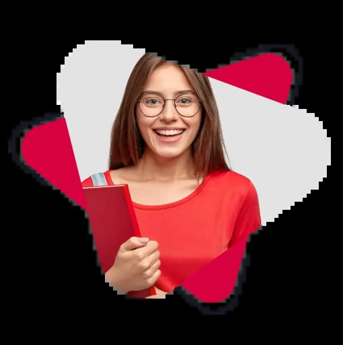 a girl holding a red notebook and giving a smile