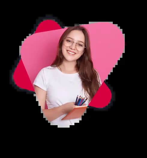a girl holding a notebook and some color pencil while smiling