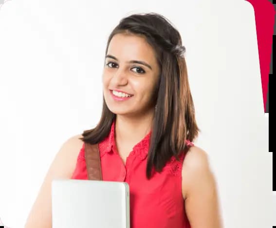 a girl holding a white laptop and giving a smile