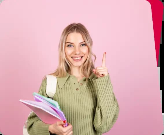 a student holding her notebooks and pointing upward  her hand