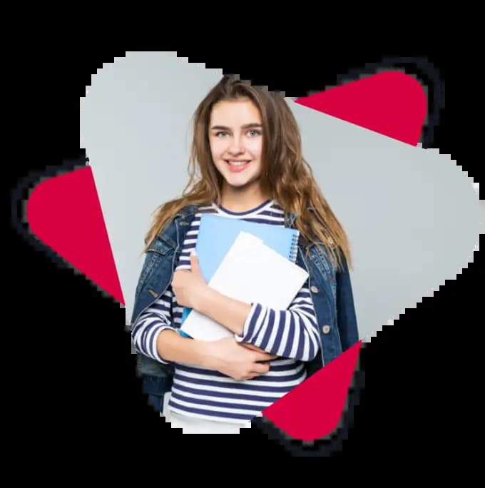 a girl is standing and holding two notebooks with a smile
